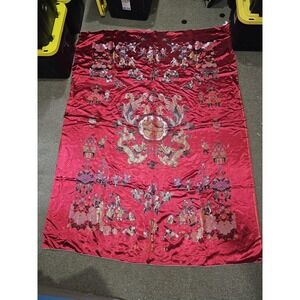 Red Satin Dragon Phoenix Embroidered Bedspread 63x80 Oriental Asian Bedding